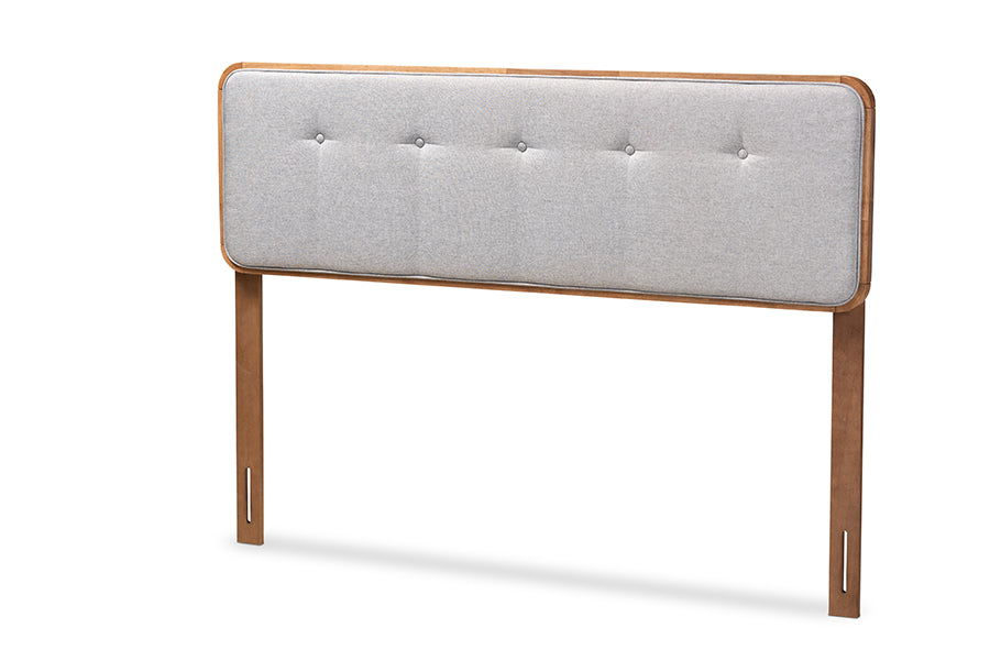 baxton studio palina mid century modern light grey fabric upholstered walnut brown finished wood king size headboard | Modish Furniture Store-2