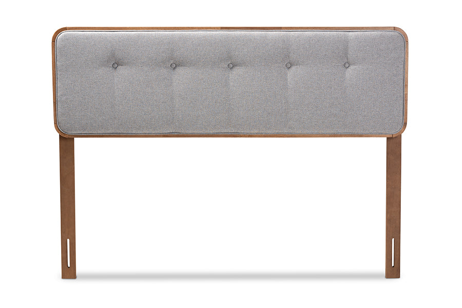 baxton studio palina mid century modern light grey fabric upholstered walnut brown finished wood king size headboard | Modish Furniture Store-3