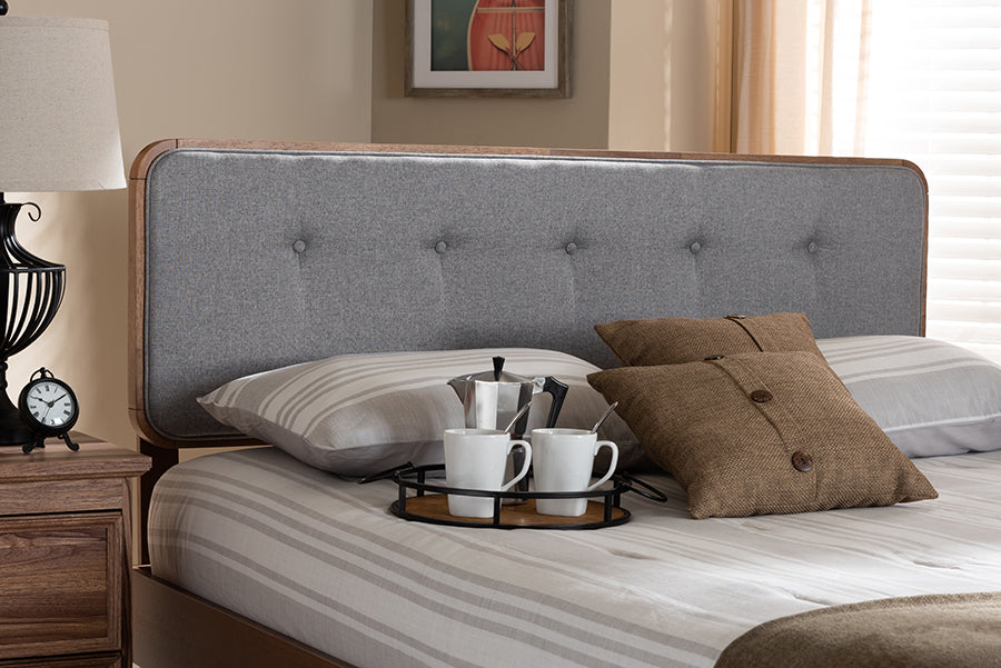 Baxton Studio Palina Mid-Century Modern Light Grey Fabric Upholstered Walnut Brown Finished Wood Full Size Headboard | Headboards | Modishstore - 7