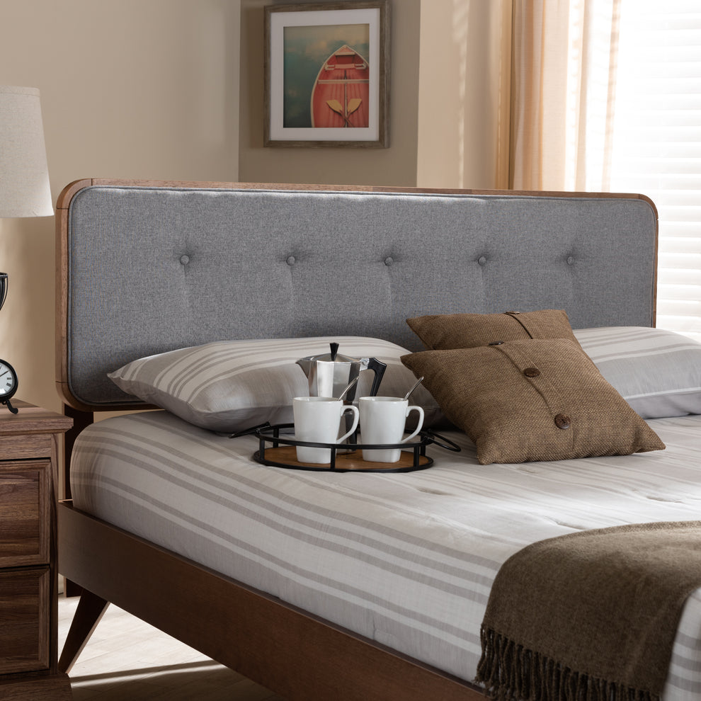 Baxton Studio Palina Mid-Century Modern Light Grey Fabric Upholstered Walnut Brown Finished Wood Full Size Headboard | Headboards | Modishstore