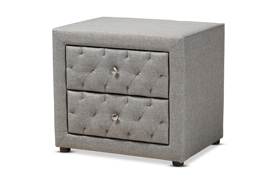 baxton studio lepine modern and contemporary gray fabric upholstered 2 drawer wood nightstand | Modish Furniture Store-2