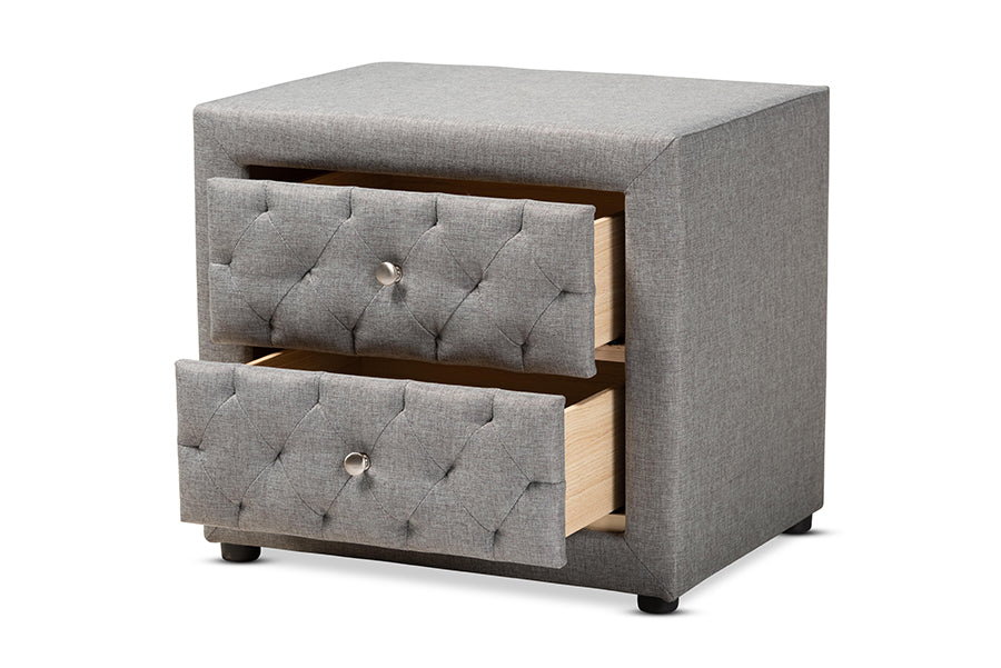 baxton studio lepine modern and contemporary gray fabric upholstered 2 drawer wood nightstand | Modish Furniture Store-3