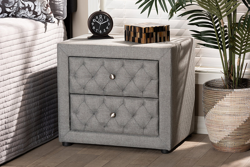 Baxton Studio Lepine Modern and Contemporary Gray Fabric Upholstered 2-Drawer Wood Nightstand | Modishstore | Nightstands