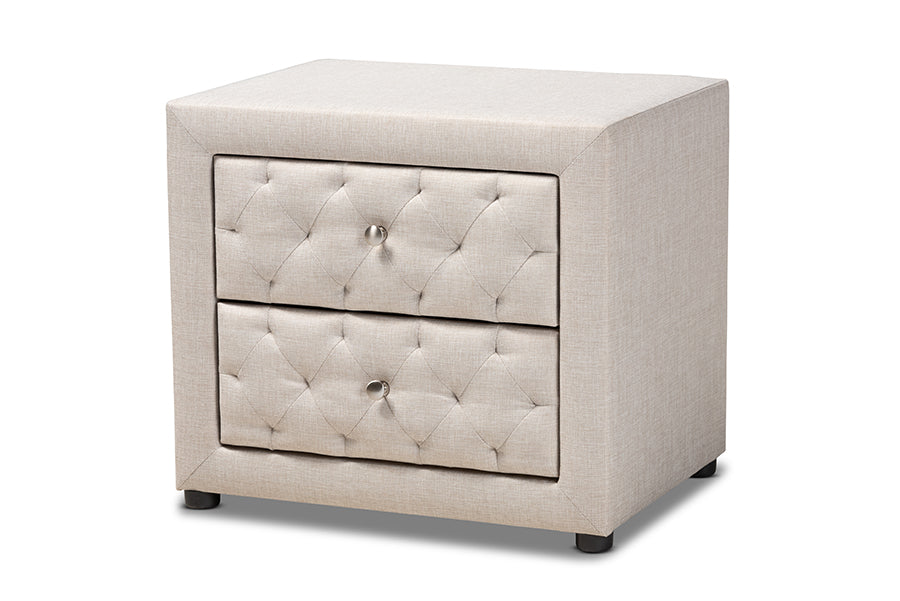 baxton studio lepine modern and contemporary light beige fabric upholstered 2 drawer wood nightstand | Modish Furniture Store-2