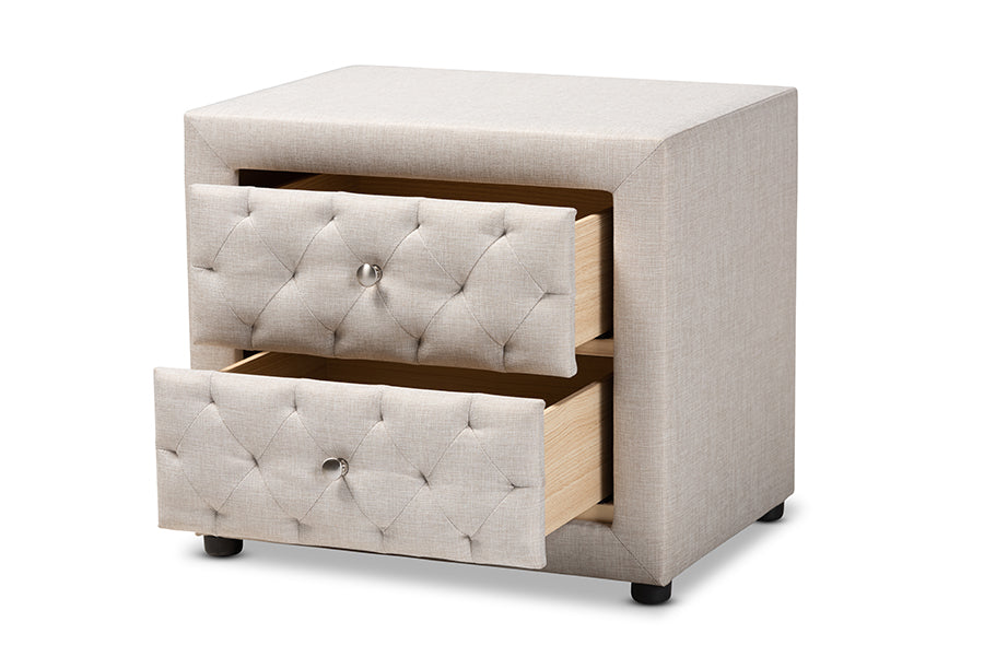 baxton studio lepine modern and contemporary light beige fabric upholstered 2 drawer wood nightstand | Modish Furniture Store-3