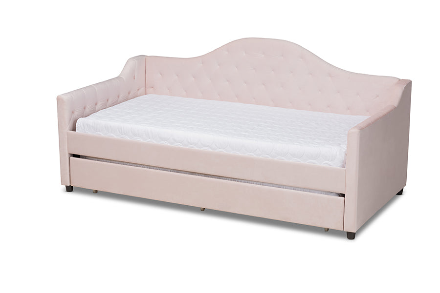 baxton studio perry modern and contemporary light pink velvet fabric upholstered and button tufted twin size daybed with trundle | Modish Furniture Store-2