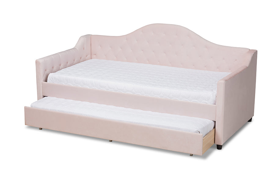 baxton studio perry modern and contemporary light pink velvet fabric upholstered and button tufted twin size daybed with trundle | Modish Furniture Store-3