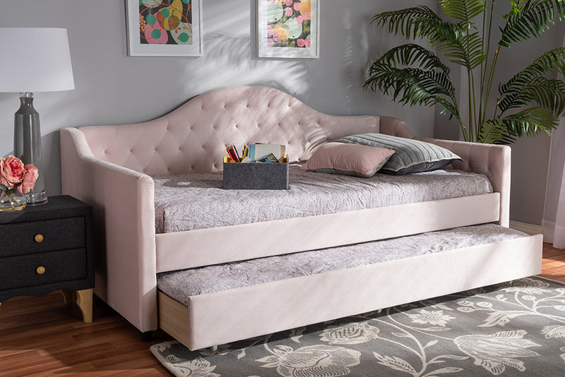 Baxton Studio Perry Modern and Contemporary Light Pink Velvet Fabric Upholstered and Button Tufted Twin Size Daybed with Trundle | Modishstore | Beds