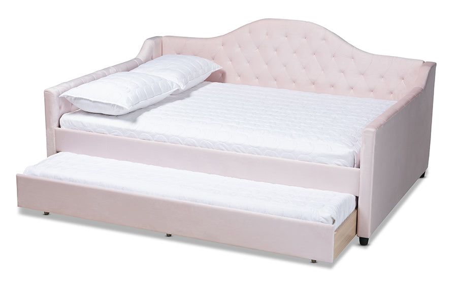 Baxton Studio Perry Modern and Contemporary Light Pink Velvet Fabric Upholstered and Button Tufted Queen Size Daybed with Trundle | Daybeds | Modishstore - 6