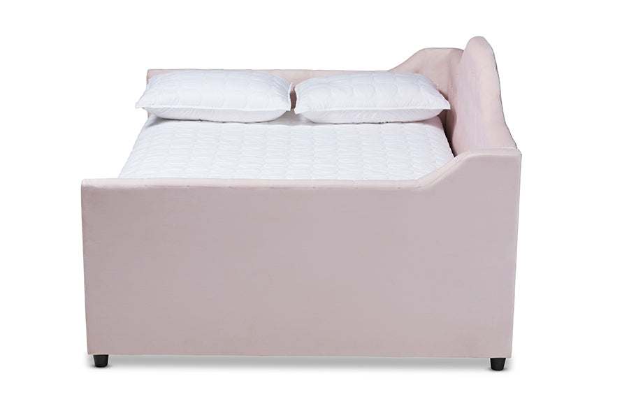 Baxton Studio Perry Modern and Contemporary Light Pink Velvet Fabric Upholstered and Button Tufted Queen Size Daybed with Trundle | Daybeds | Modishstore - 4