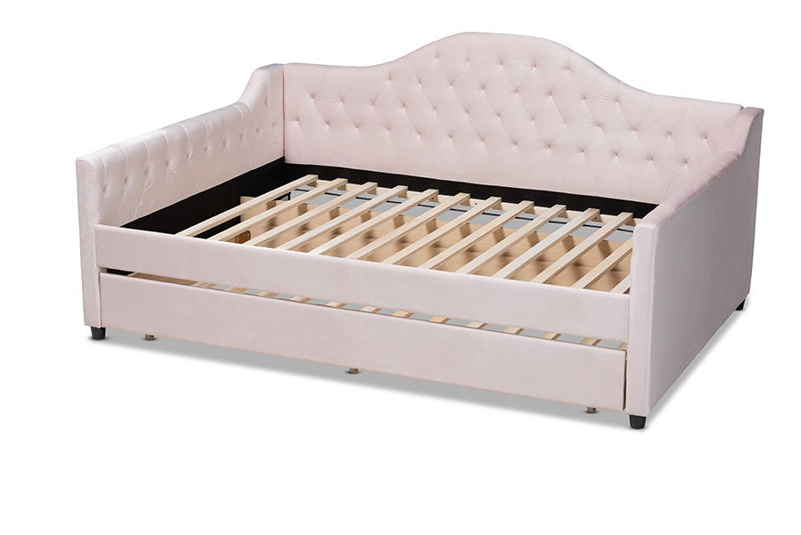 Baxton Studio Perry Modern and Contemporary Light Pink Velvet Fabric Upholstered and Button Tufted Queen Size Daybed with Trundle | Daybeds | Modishstore - 8