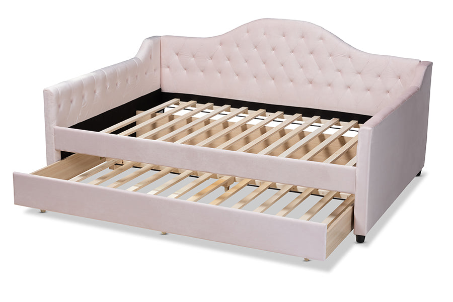 Baxton Studio Perry Modern and Contemporary Light Pink Velvet Fabric Upholstered and Button Tufted Queen Size Daybed with Trundle | Daybeds | Modishstore - 7