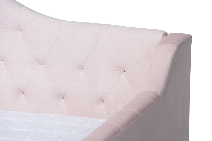 Baxton Studio Perry Modern and Contemporary Light Pink Velvet Fabric Upholstered and Button Tufted Queen Size Daybed with Trundle | Daybeds | Modishstore - 5