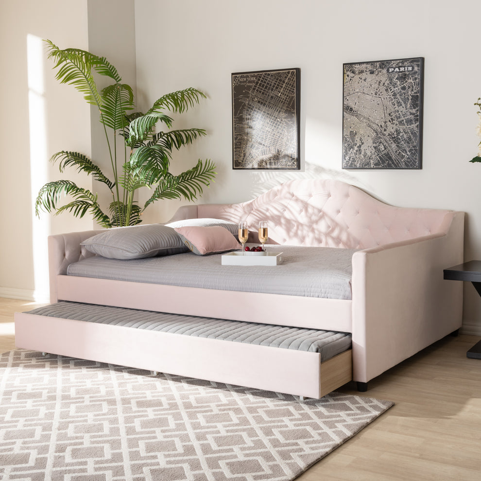 Baxton Studio Perry Modern and Contemporary Light Pink Velvet Fabric Upholstered and Button Tufted Queen Size Daybed with Trundle | Daybeds | Modishstore - 2