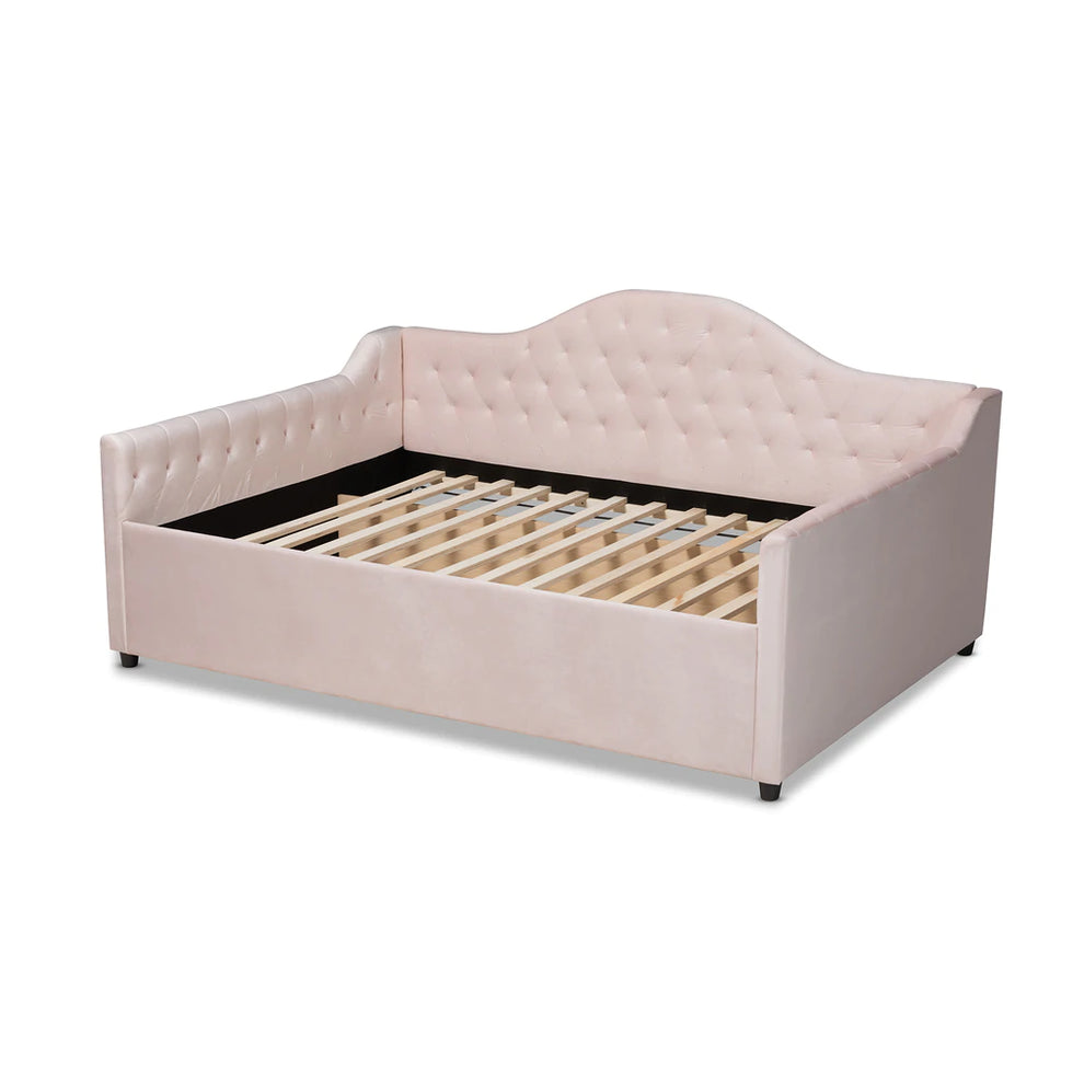 Baxton Studio Perry Modern and Contemporary Light Pink Velvet Fabric Upholstered and Button Tufted Queen Size Daybed | Daybeds | Modishstore - 6