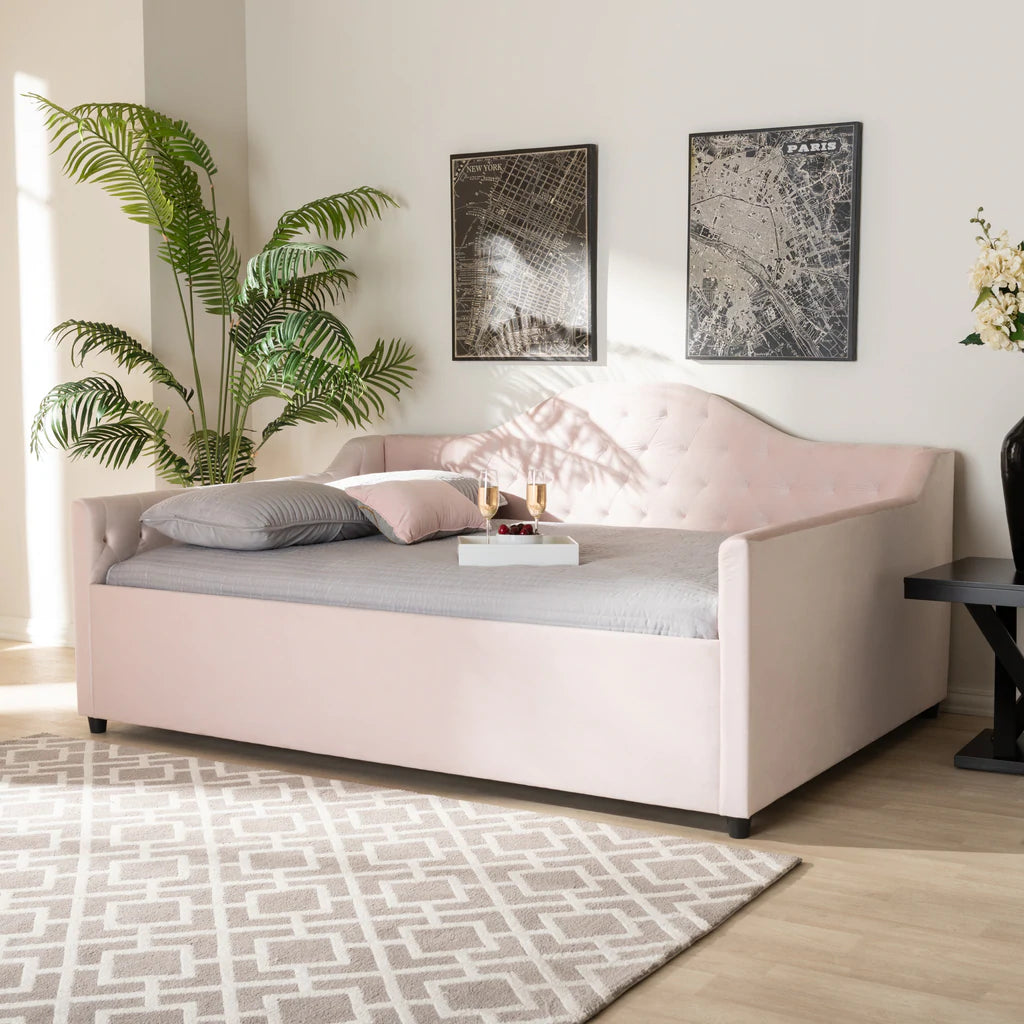 Baxton Studio Perry Modern and Contemporary Light Pink Velvet Fabric Upholstered and Button Tufted Queen Size Daybed | Daybeds | Modishstore