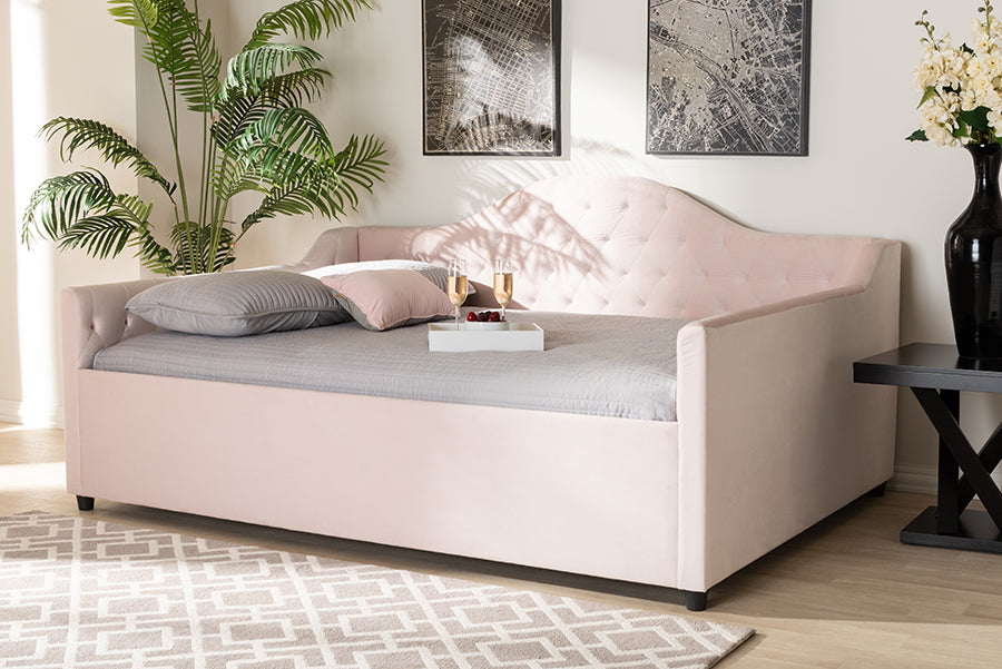 Baxton Studio Perry Modern and Contemporary Light Pink Velvet Fabric Upholstered and Button Tufted Queen Size Daybed with Trundle | Daybeds | Modishstore - 3