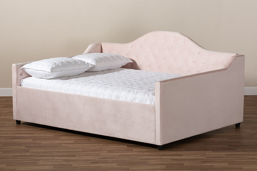 Baxton Studio Perry Modern and Contemporary Light Pink Velvet Fabric Upholstered and Button Tufted Queen Size Daybed with Trundle | Daybeds | Modishstore - 9
