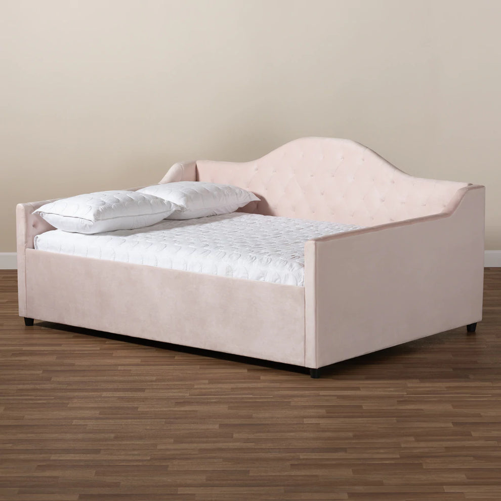 Baxton Studio Perry Modern and Contemporary Light Pink Velvet Fabric Upholstered and Button Tufted Queen Size Daybed | Daybeds | Modishstore - 5