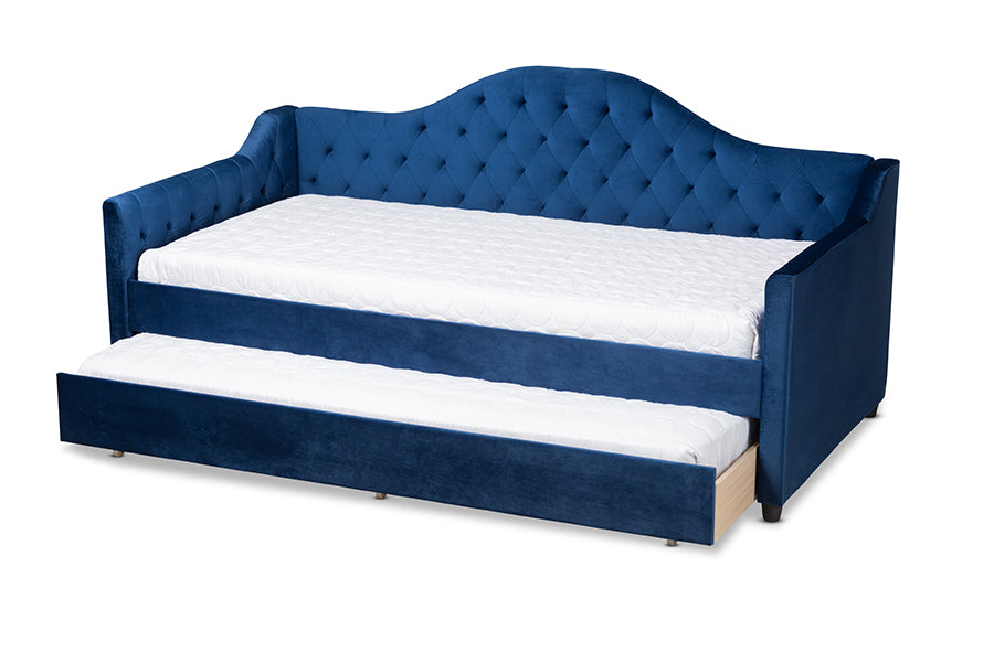Baxton Studio Perry Modern and Contemporary Royal Blue Velvet Fabric Upholstered and Button Tufted Queen Size Daybed with Trundle | Daybeds | Modishstore - 5