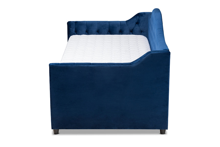 Baxton Studio Perry Modern and Contemporary Royal Blue Velvet Fabric Upholstered and Button Tufted Queen Size Daybed with Trundle | Daybeds | Modishstore - 4