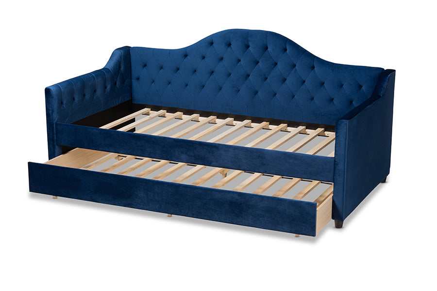 Baxton Studio Perry Modern and Contemporary Royal Blue Velvet Fabric Upholstered and Button Tufted Queen Size Daybed with Trundle | Daybeds | Modishstore - 6