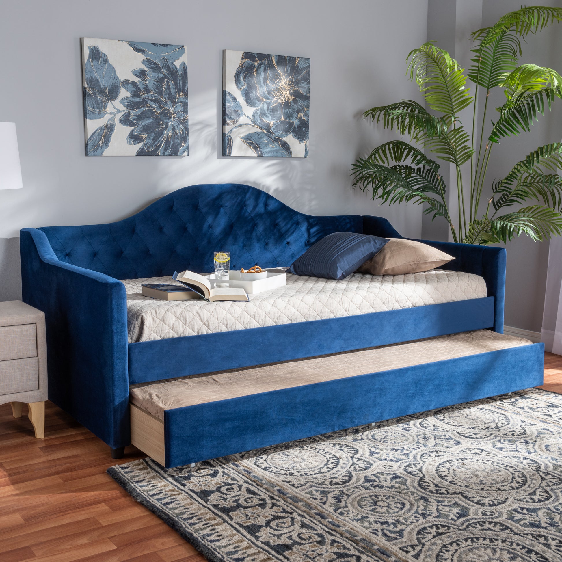 Baxton Studio Perry Modern and Contemporary Royal Blue Velvet Fabric Upholstered and Button Tufted Queen Size Daybed with Trundle | Daybeds | Modishstore - 3