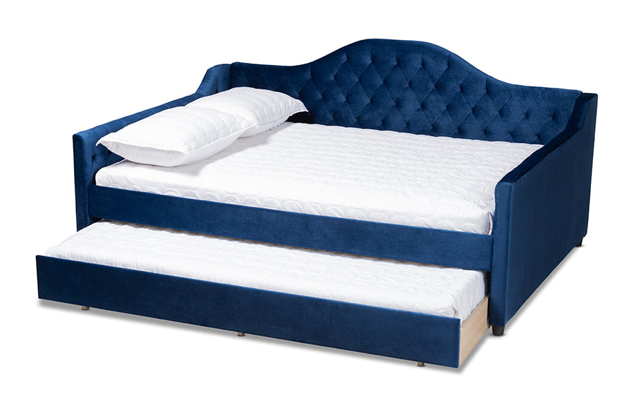 Baxton Studio Perry Modern and Contemporary Royal Blue Velvet Fabric Upholstered and Button Tufted Queen Size Daybed with Trundle | Daybeds | Modishstore - 8