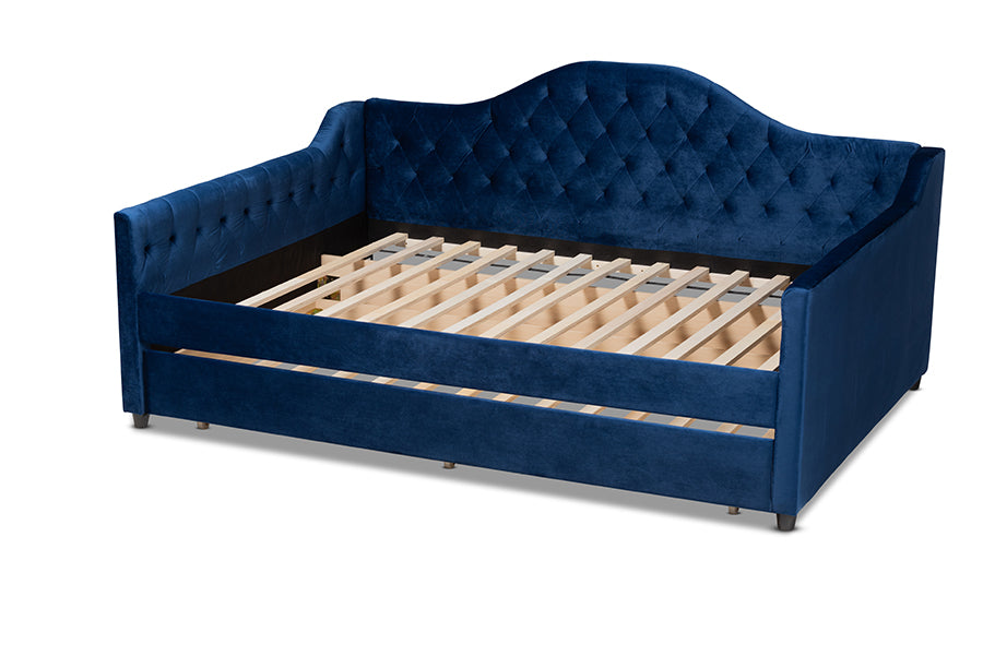 Baxton Studio Perry Modern and Contemporary Royal Blue Velvet Fabric Upholstered and Button Tufted Full Size Daybed with Trundle | Daybeds | Modishstore - 8