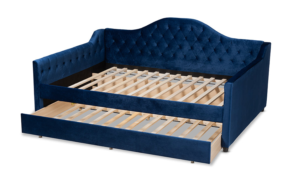 Baxton Studio Perry Modern and Contemporary Royal Blue Velvet Fabric Upholstered and Button Tufted Full Size Daybed with Trundle | Daybeds | Modishstore - 7