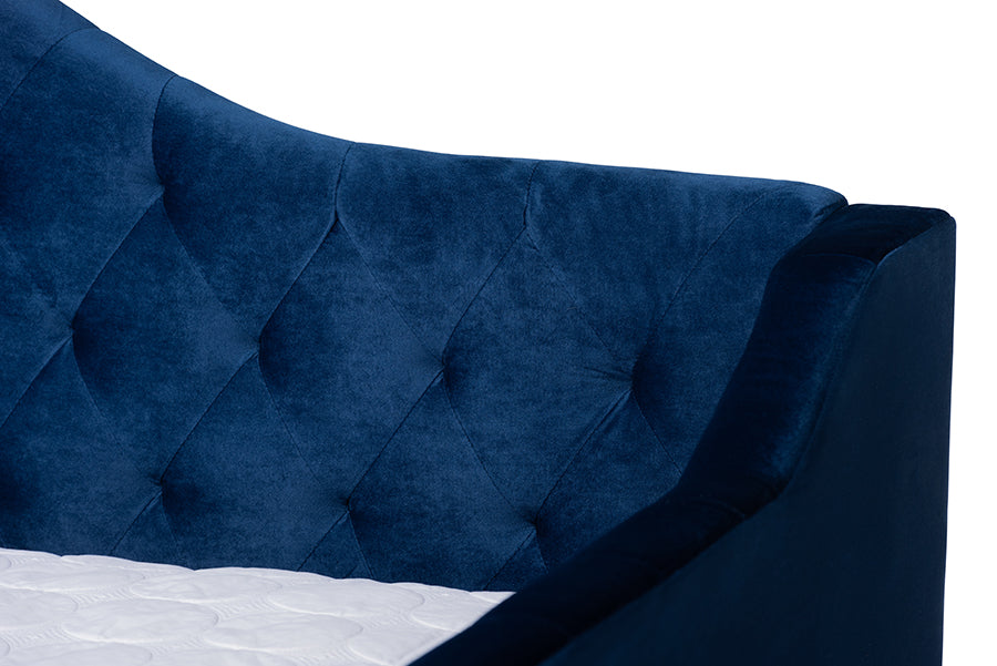 Baxton Studio Perry Modern and Contemporary Royal Blue Velvet Fabric Upholstered and Button Tufted Queen Size Daybed with Trundle | Daybeds | Modishstore - 7