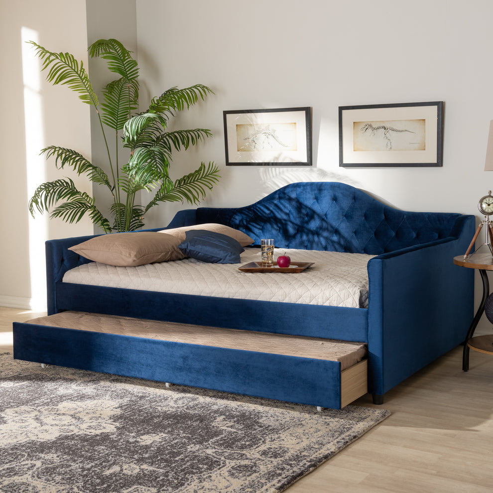 Baxton Studio Perry Modern and Contemporary Royal Blue Velvet Fabric Upholstered and Button Tufted Queen Size Daybed with Trundle | Daybeds | Modishstore - 2