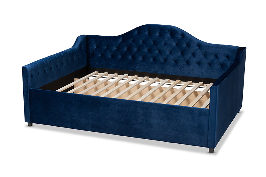 Baxton Studio Perry Modern and Contemporary Royal Blue Velvet Fabric Upholstered and Button Tufted Queen Size Daybed | Daybeds | Modishstore - 5