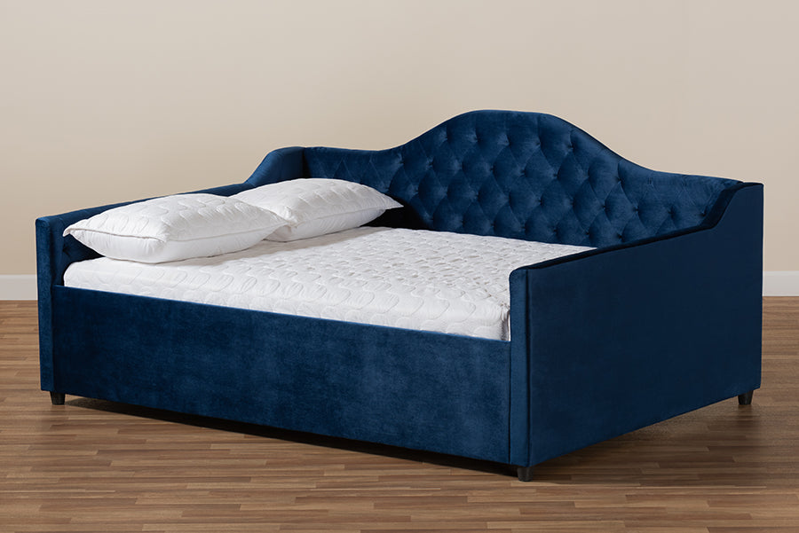 Baxton Studio Perry Modern and Contemporary Royal Blue Velvet Fabric Upholstered and Button Tufted Queen Size Daybed | Daybeds | Modishstore - 4
