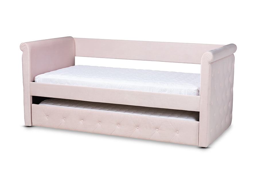 baxton studio amaya modern and contemporary light pink velvet fabric upholstered twin size daybed with trundle | Modish Furniture Store-2