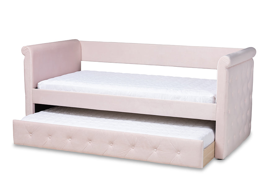 baxton studio amaya modern and contemporary light pink velvet fabric upholstered twin size daybed with trundle | Modish Furniture Store-3