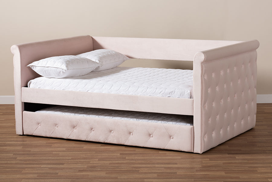Baxton Studio Amaya Modern and Contemporary Light Pink Velvet Fabric Upholstered Queen Size Daybed with Trundle | Daybeds | Modishstore - 4