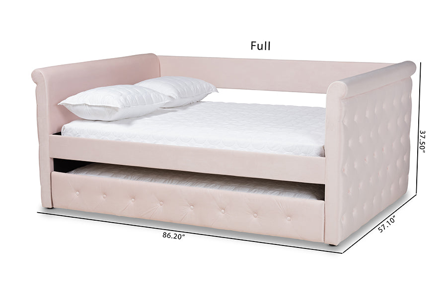 Baxton Studio Amaya Modern and Contemporary Light Pink Velvet Fabric Upholstered Full Size Daybed with Trundle | Daybeds | Modishstore - 8