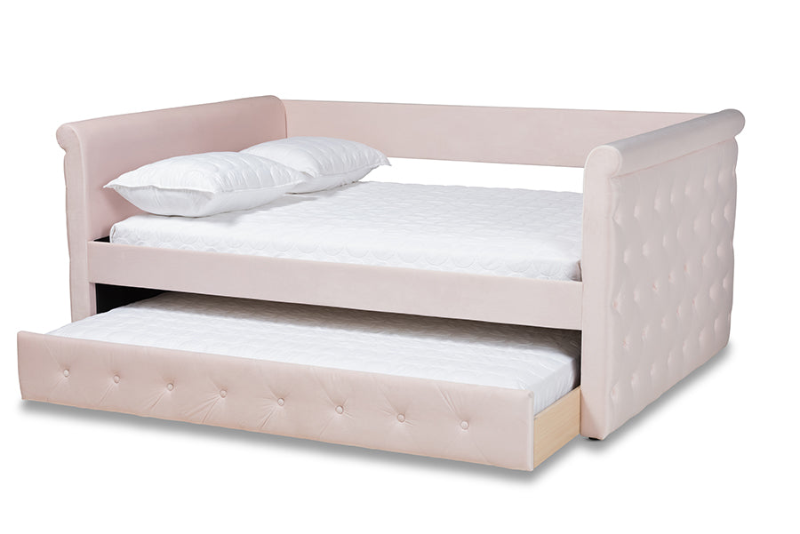 Baxton Studio Amaya Modern and Contemporary Light Pink Velvet Fabric Upholstered Full Size Daybed with Trundle | Daybeds | Modishstore - 7