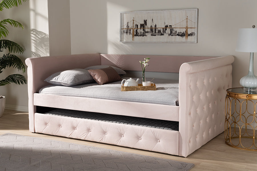Baxton Studio Amaya Modern and Contemporary Light Pink Velvet Fabric Upholstered Full Size Daybed with Trundle | Daybeds | Modishstore - 3