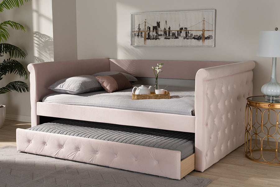 Baxton Studio Amaya Modern and Contemporary Light Pink Velvet Fabric Upholstered Full Size Daybed with Trundle | Daybeds | Modishstore - 2