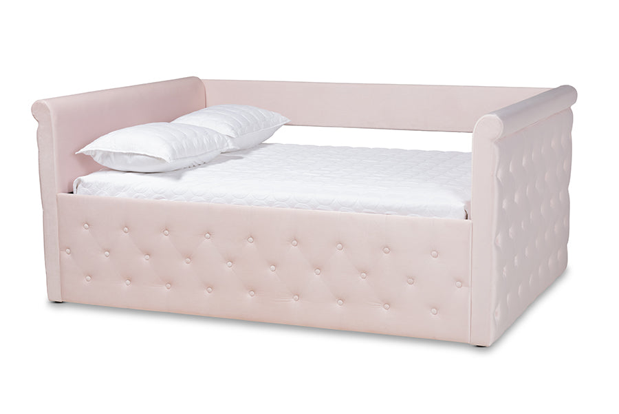 baxton studio amaya modern and contemporary light pink velvet fabric upholstered full size daybed | Modish Furniture Store-2