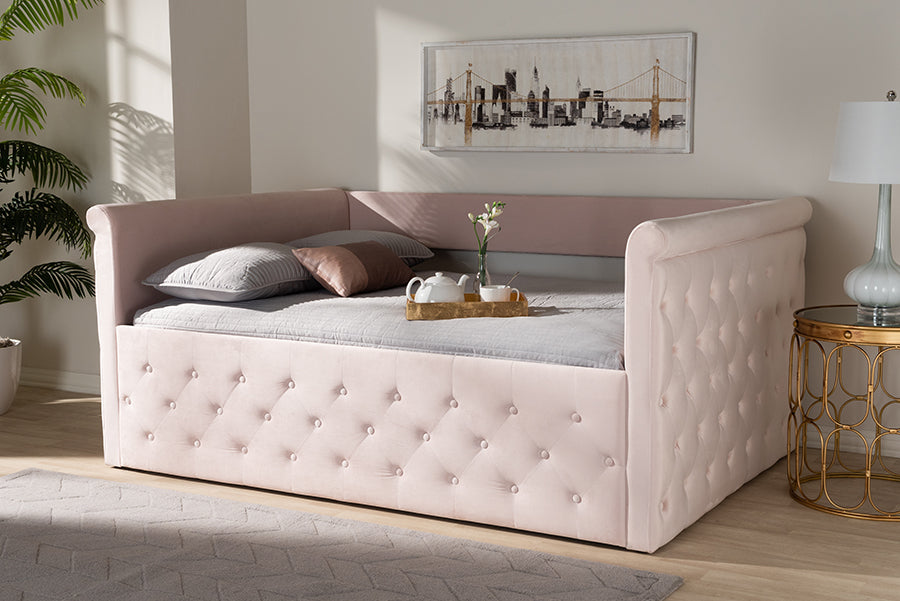 Baxton Studio Amaya Modern and Contemporary Light Pink Velvet Fabric Upholstered Full Size Daybed | Modishstore | Beds