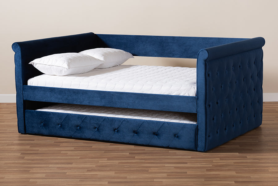 Baxton Studio Amaya Modern and Contemporary Navy Blue Velvet Fabric Upholstered Queen Size Daybed with Trundle | Daybeds | Modishstore - 4