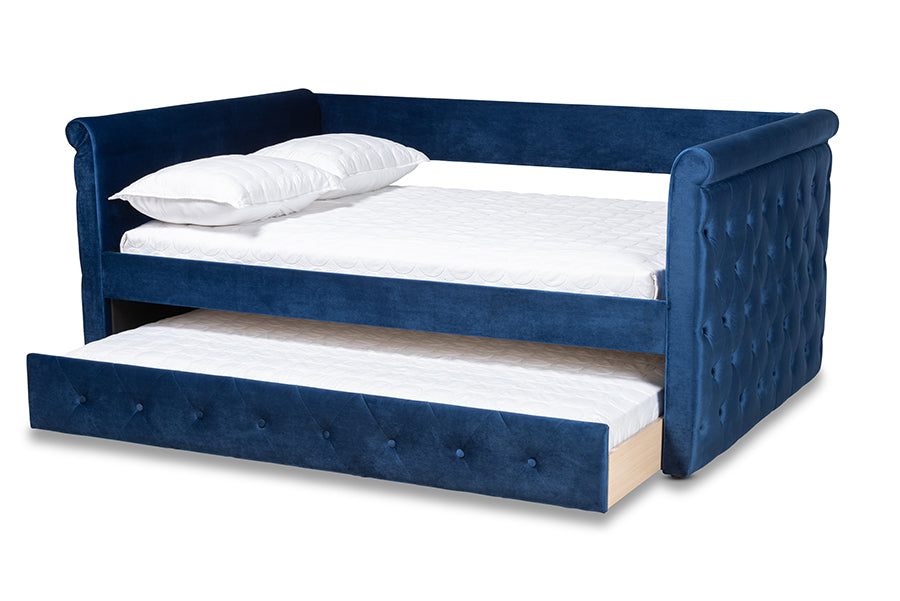 Baxton Studio Amaya Modern and Contemporary Navy Blue Velvet Fabric Upholstered Queen Size Daybed with Trundle | Daybeds | Modishstore - 7