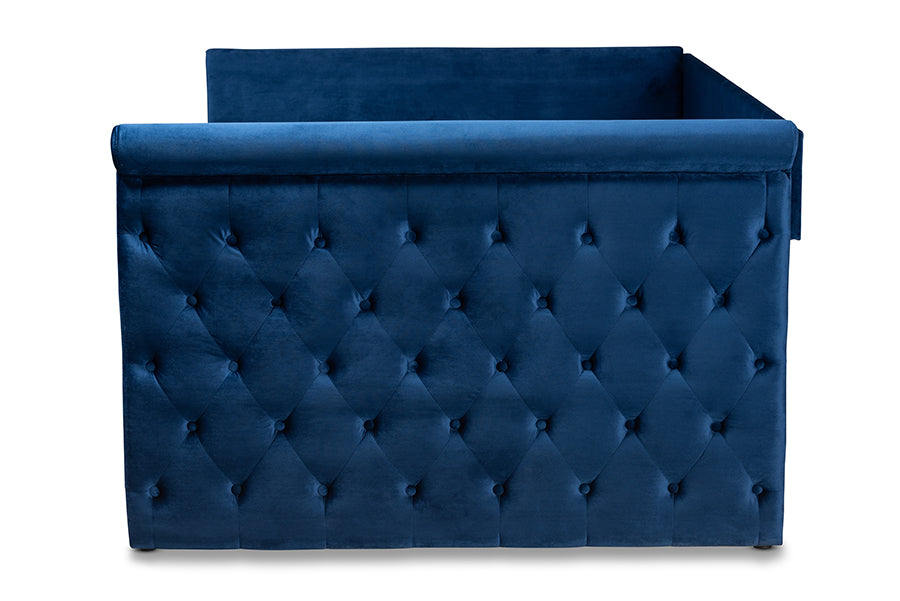 Baxton Studio Amaya Modern and Contemporary Navy Blue Velvet Fabric Upholstered Queen Size Daybed with Trundle | Daybeds | Modishstore - 5