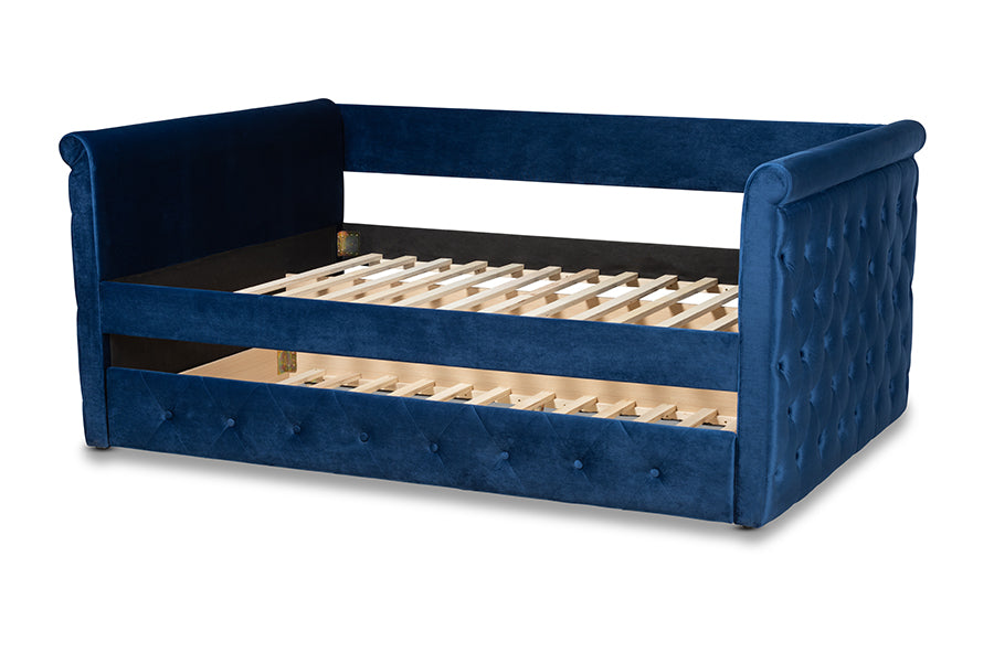 Baxton Studio Amaya Modern and Contemporary Navy Blue Velvet Fabric Upholstered Queen Size Daybed with Trundle | Daybeds | Modishstore - 9