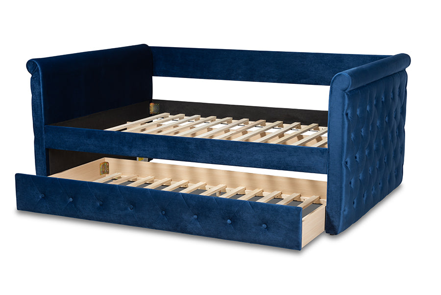 Baxton Studio Amaya Modern and Contemporary Navy Blue Velvet Fabric Upholstered Queen Size Daybed with Trundle | Daybeds | Modishstore - 8