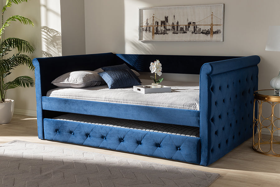Baxton Studio Amaya Modern and Contemporary Navy Blue Velvet Fabric Upholstered Queen Size Daybed with Trundle | Daybeds | Modishstore - 3