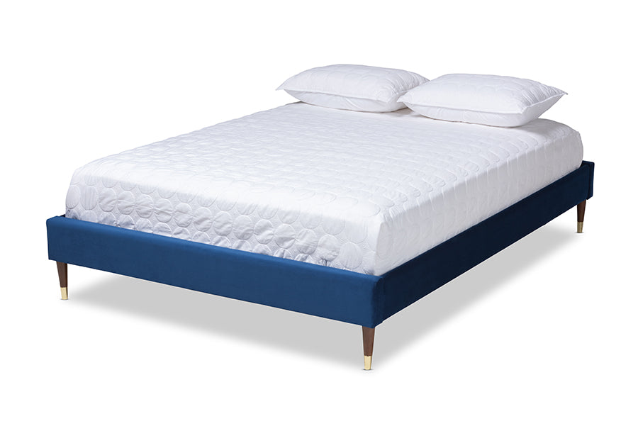 baxton studio volden glam and luxe navy blue velvet fabric upholstered full size wood platform bed frame with gold tone leg tips | Modish Furniture Store-2
